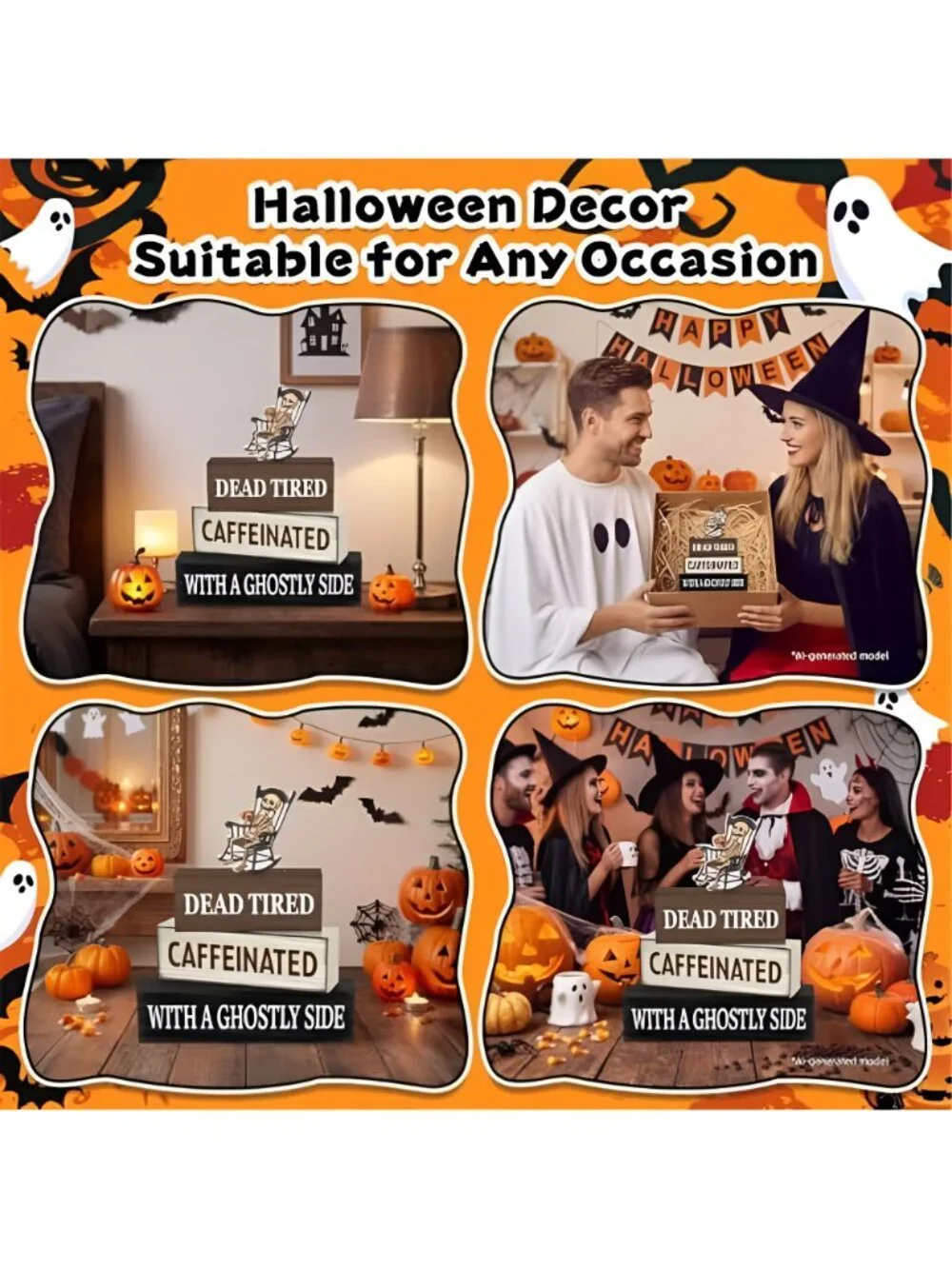 4 Pcs Halloween Wooden Table Decor, Funny Halloween Home Decorations